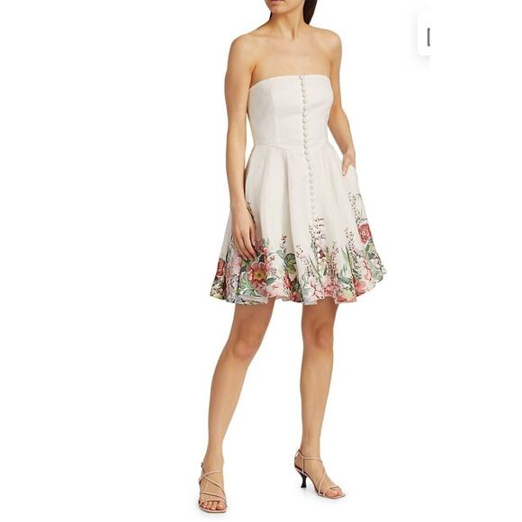 $695 Zimmermann Linen White Bellitude Strapless Shirred Floral-print Min… - Picture 6 of 16